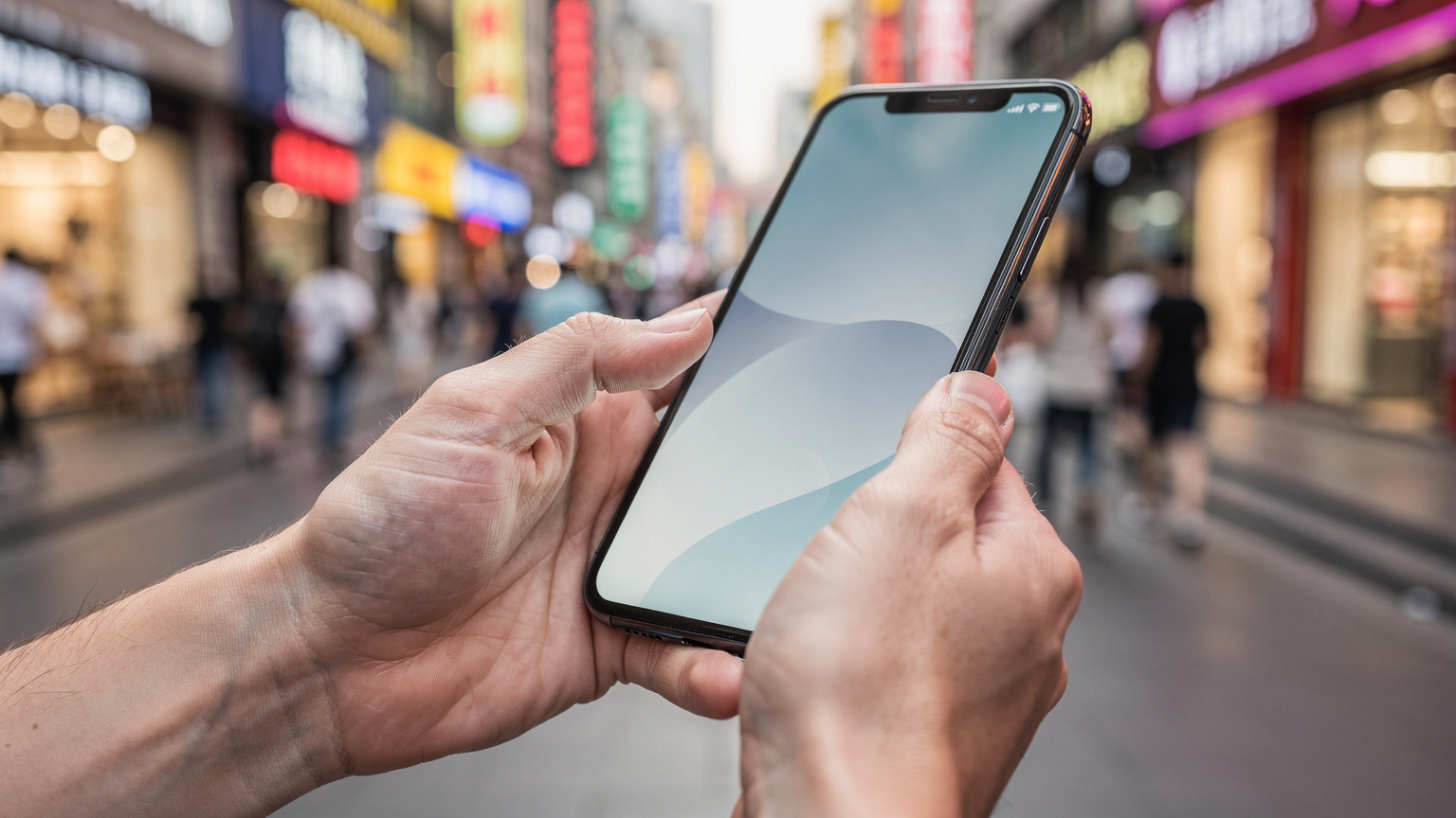 上海の南京東路で、スマートフォンを操作しながらデジタル決済を行う旅行者の手元。背景には賑やかな商業街の看板が見える。