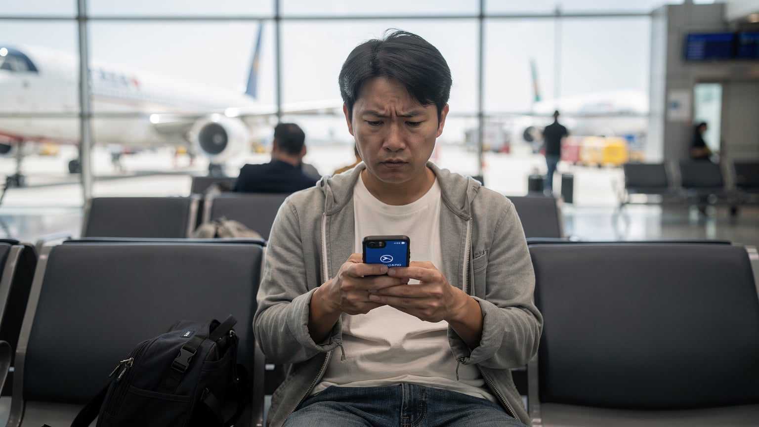 中国の空港の出発ロビーで、スマートフォンに表示された「サービスなし」のメッセージを見て、心配そうに眉をひそめる日本人男性旅行者。