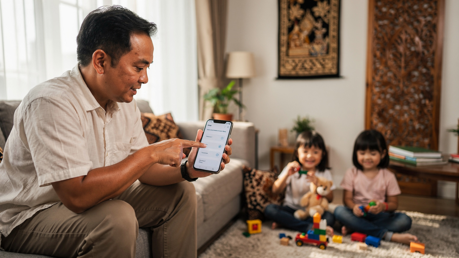 Seorang bapa sedang menunjuk kepada tetapan telefonnya, menunjukkan bagaimana untuk menguruskan penggunaan data, sambil anak-anaknya bermain di latar belakang.