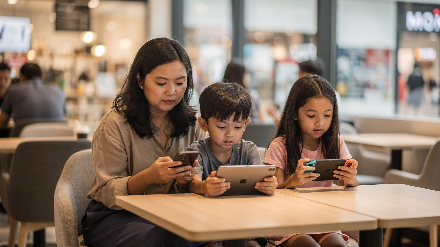 Seorang ibu sedang melihat telefonnya, manakala anak-anaknya masing-masing sedang leka dengan tablet dan konsol permainan mudah alih mereka.