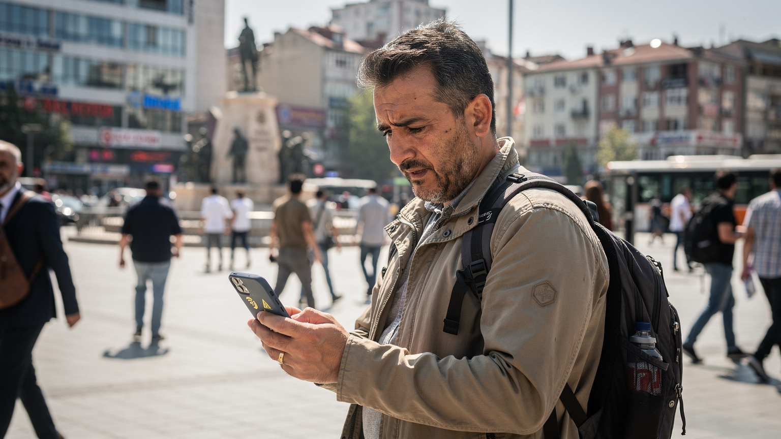 Bir gezgin, kalabalık bir şehir meydanında telefonuna şüpheyle bakıyor, bağlantı sorunu yaşıyor gibi duruyor. Arka planda Ankara Kızılay Meydanı'ndan detaylar.