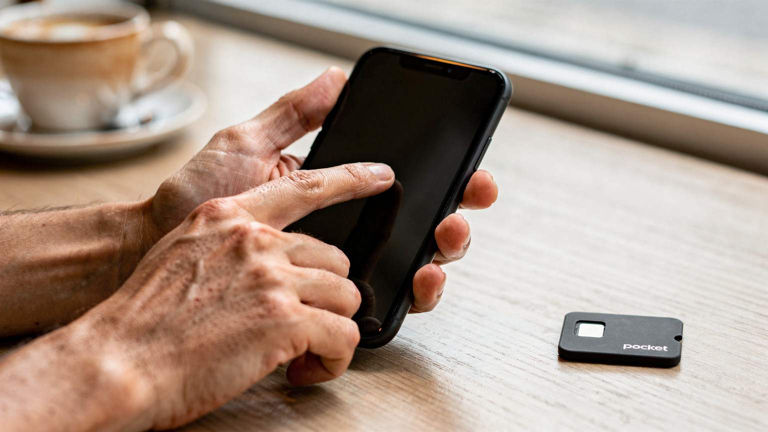 Bir gezgin, akıllı telefonuyla Pocket eSIM uygulamasından veri paketini kolayca etkinleştiriyor. Eller ve ekran odak noktası.