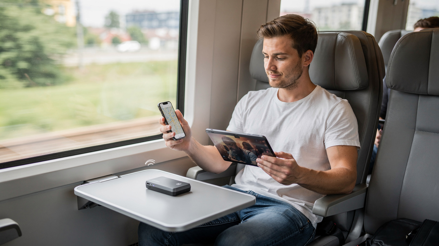 Yurtdışı seyahatlerinde Pocket eSIM cihazını kullanan bir gezgin, telefonuna ve tabletine aynı anda internet sağlıyor.