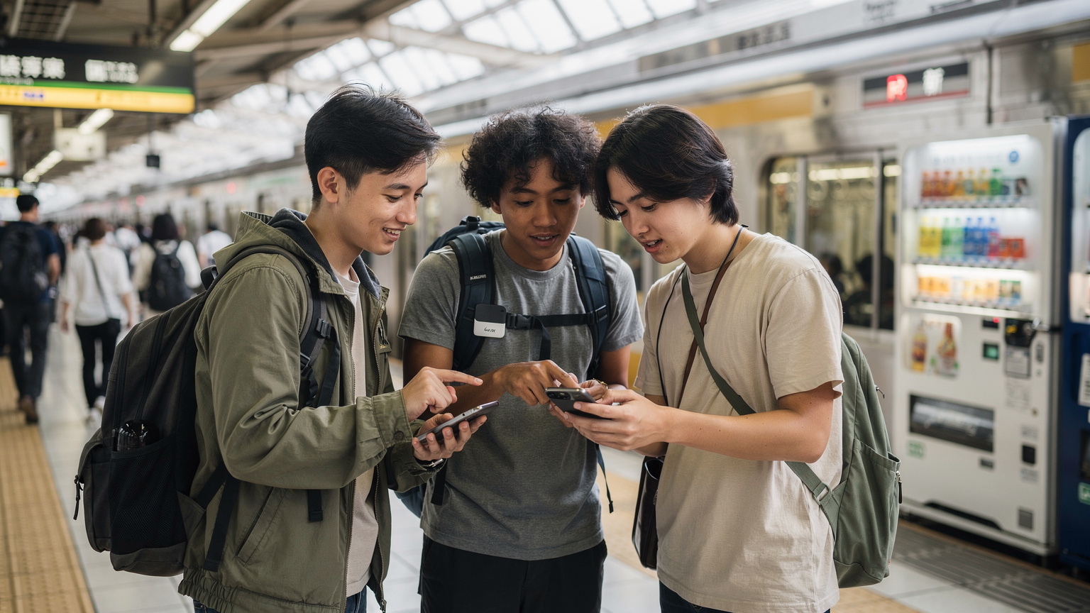 Yoğun bir tren istasyonunda, bir gezgin grubu Pocket eSIM cihazı sayesinde sorunsuz bir şekilde haritalara bakıyor ve iletişim kuruyor. Kalabalık, hareketli bir Japon tren istasyonu atmosferi.