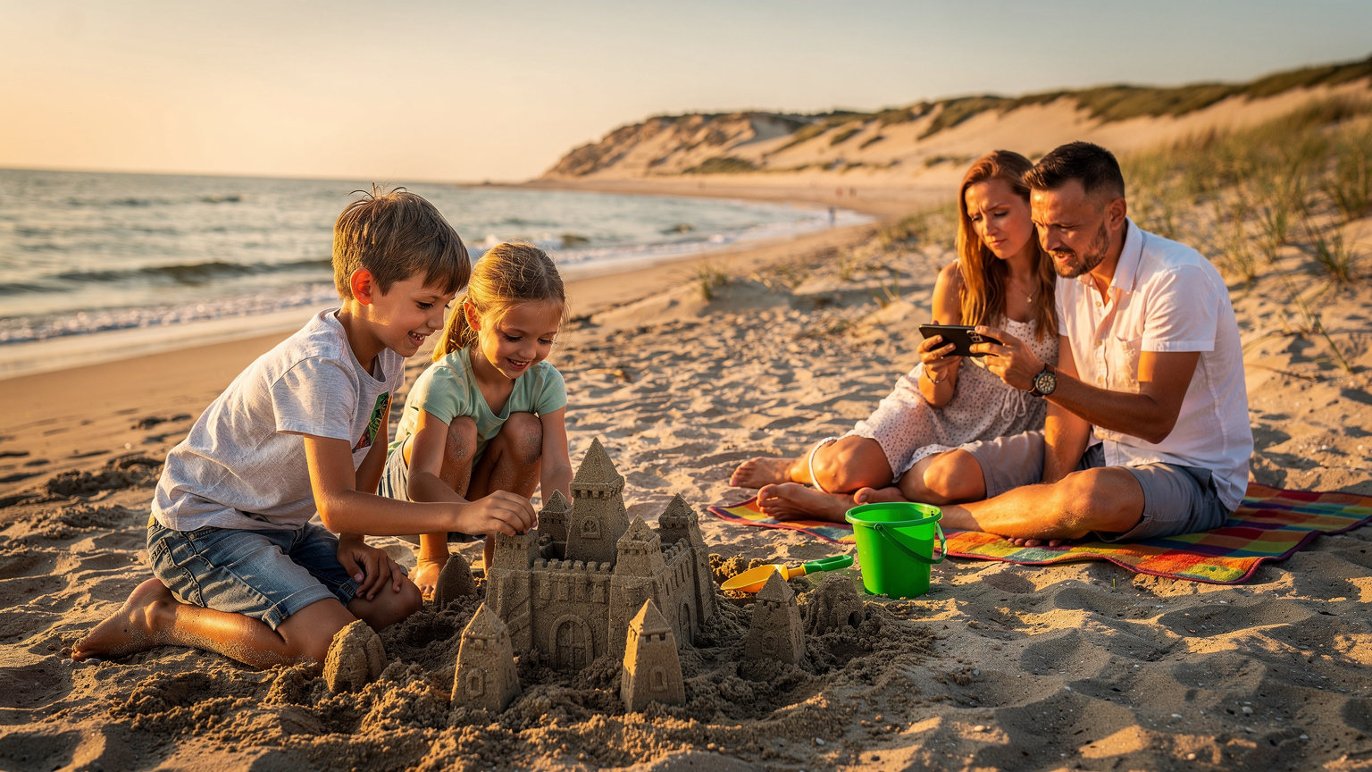 Rodzina na plaży w Łebie, dzieci budują zamek z piasku, a rodzice sprawdzają połączenie na telefonie, planując kolejny dzień, symbolizując bezproblemową łączność rodzinnych wakacji.