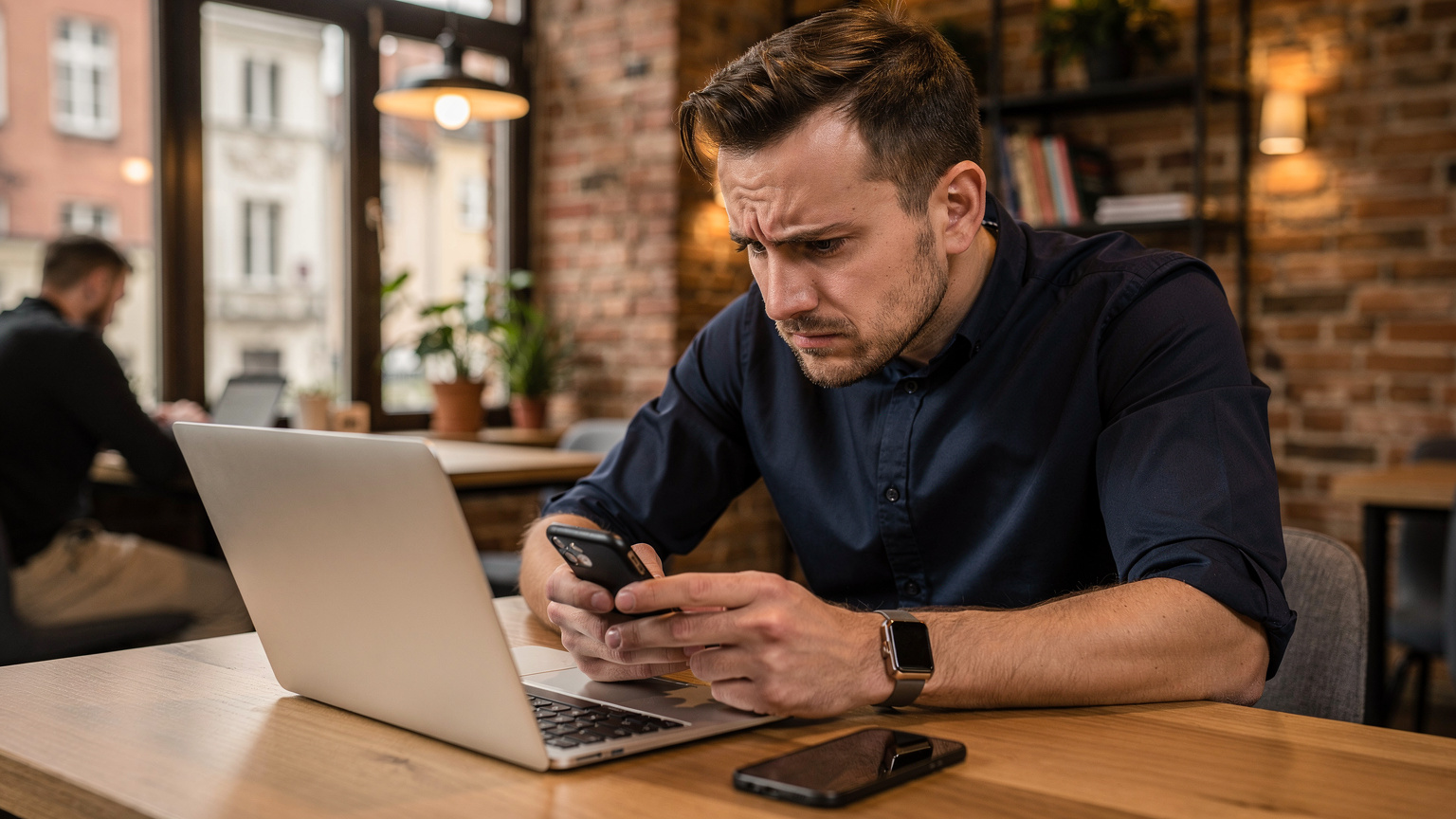 Mężczyzna w kawiarni w Gdańsku, przy laptopie i telefonie, z niepokojem patrzy na ekran, ilustrując frustrację z powodu braku internetu w trakcie pracy zdalnej.