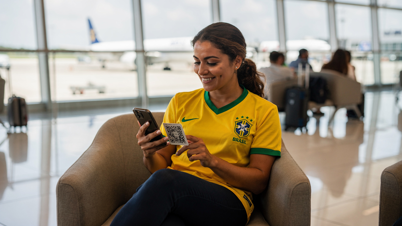 Uma mulher brasileira sorridente, vestindo uma camiseta da seleção, escaneia um QR code em seu smartphone para ativar o eSIM, sentada confortavelmente em uma poltrona no saguão de embarque do Aeroporto Internacional de Miami (MIA), com outros passageiros e aeronaves visíveis pela janela ao fundo. A luz é suave, vinda das grandes janelas.