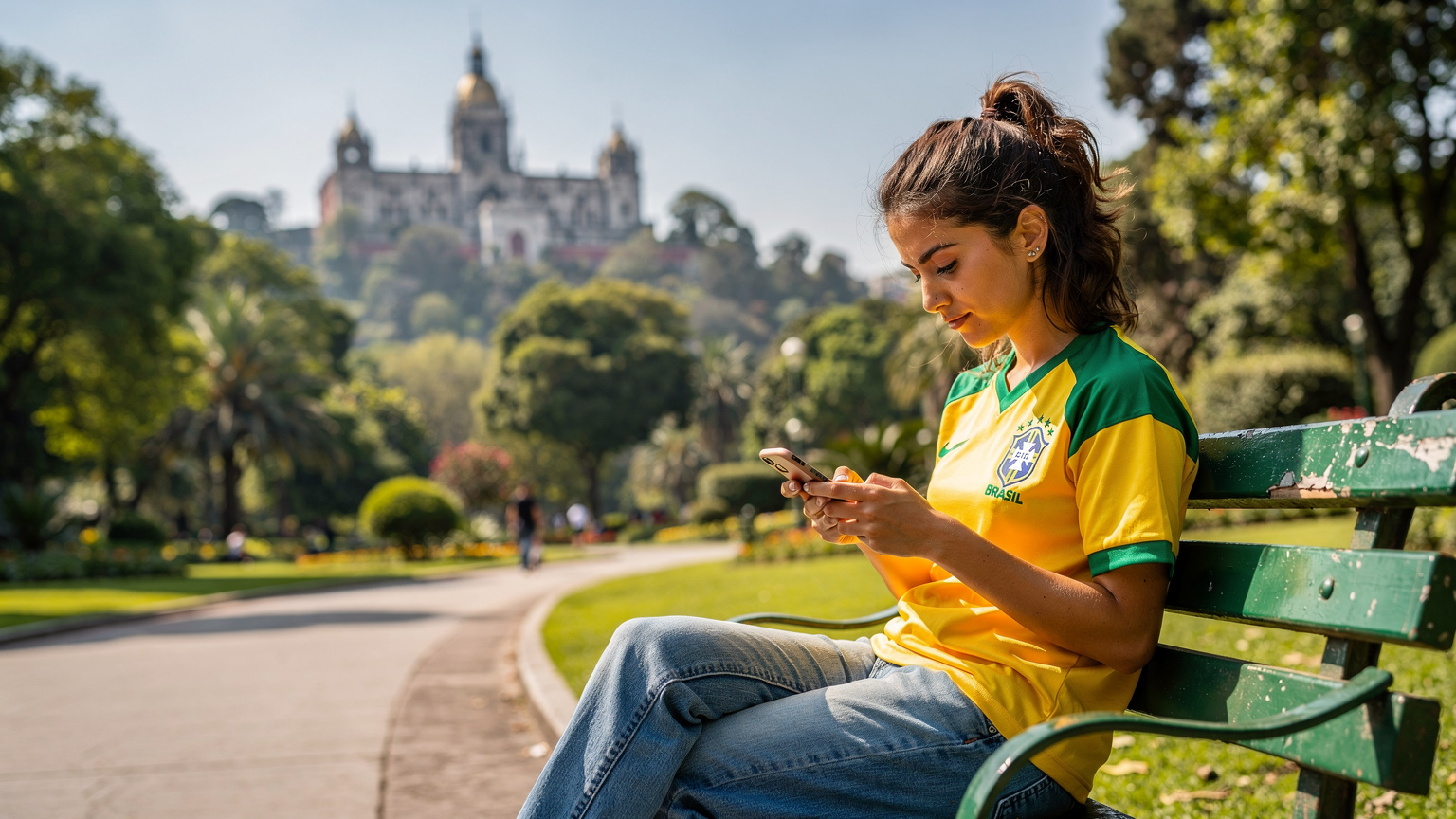 Uma jovem torcedora brasileira, sentada em um banco de parque verde no Parque Chapultepec, Cidade do México, revisa detalhes de seu plano eSIM em seu smartphone, com o majestoso Castelo de Chapultepec e árvores frondosas ao fundo. O sol da manhã ilumina a cena.