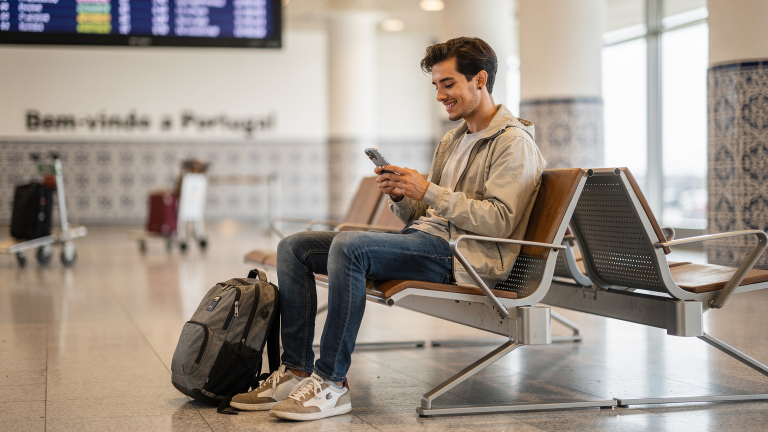 Uma pessoa no Aeroporto de Lisboa, sentada em um banco, ativando um eSIM em seu iPhone 18 com um sorriso de alívio.