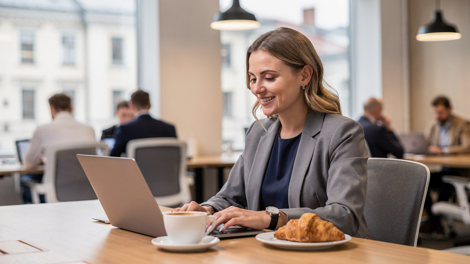 Zadowolona kobieta korzystająca z laptopa w co-workingu "Workland VILNIUS Gedimino" w Wilnie, na stoliku kawa i croissant, w tle inni pracujący ludzie.