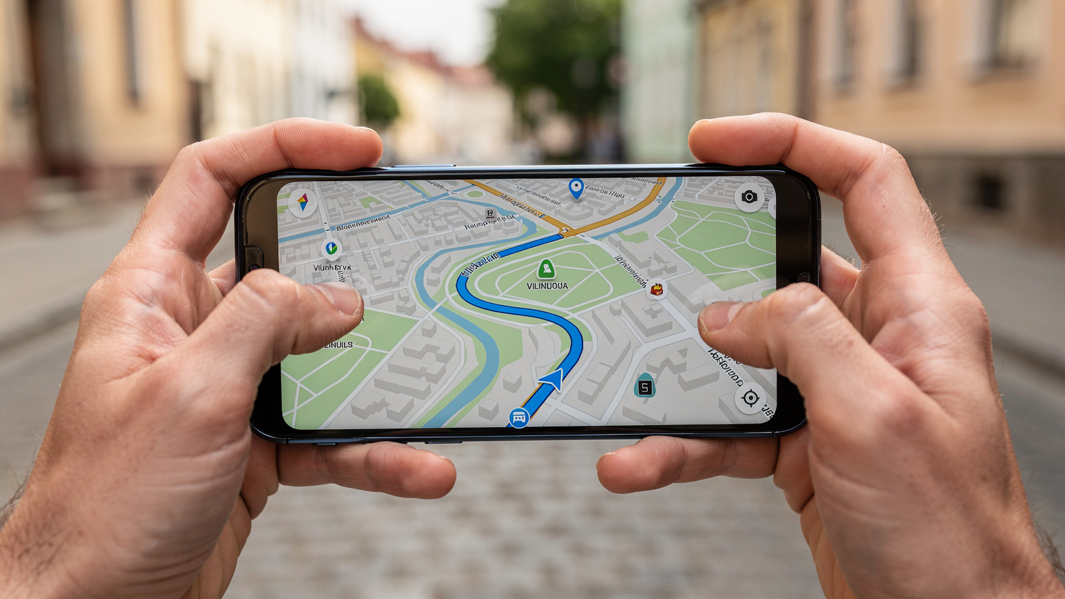 Ręce trzymające smartfon, na którego ekranie wyświetla się aplikacja Google Maps z zaznaczoną trasą po Wilnie, w tle rozmazana ulica z zabytkowymi budynkami.