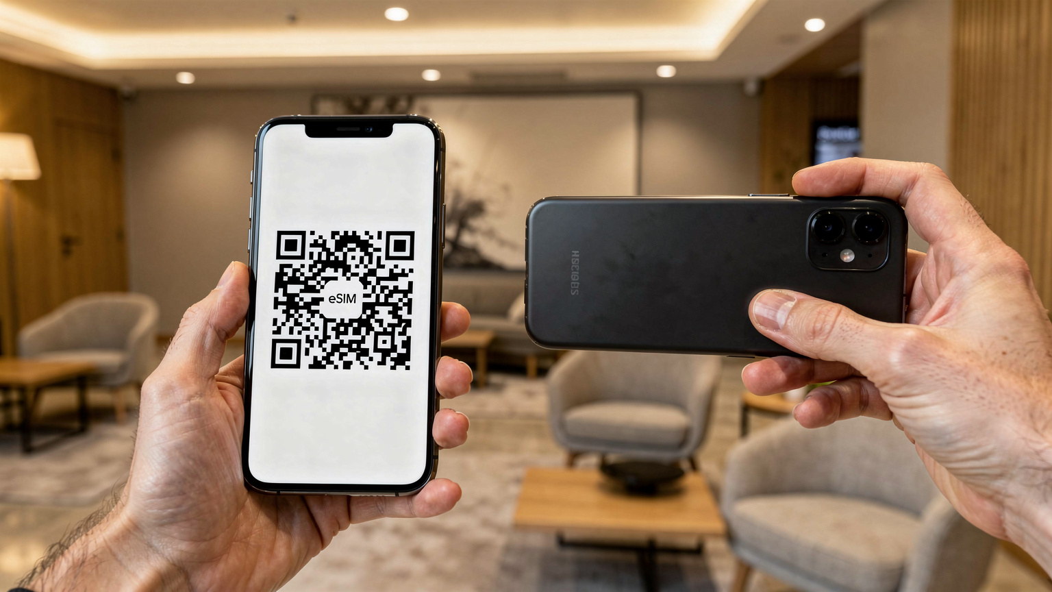 Ręka trzymająca smartfon z wyświetlonym kodem QR eSIM, skanowana przez inny telefon, w tle rozmazane, minimalistyczne wnętrze hotelowego lobby z nowoczesnymi meblami.