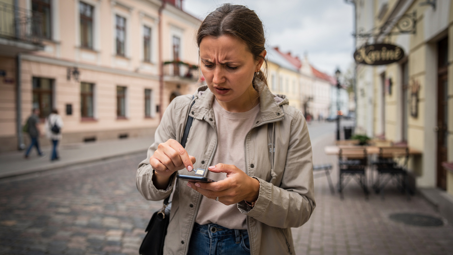 Kobieta stojąca na brukowanej ulicy wileńskiej starówki, zdezorientowana i sfrustrowana, próbująca włożyć fizyczną kartę SIM do smartfona, w tle zabytkowe kamienice.