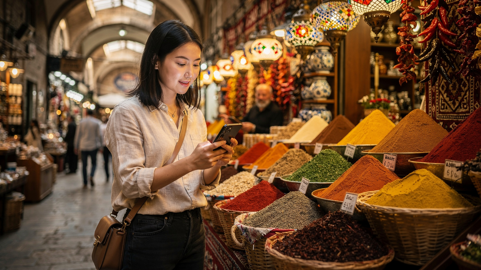 一位年轻的中国女性旅行者在土耳其伊斯坦布尔大巴扎的香料摊位前,手持华为Mate 70(或类似外观的手机)查看着地图,旁边是色彩斑斓的香料堆和忙碌的摊主。
