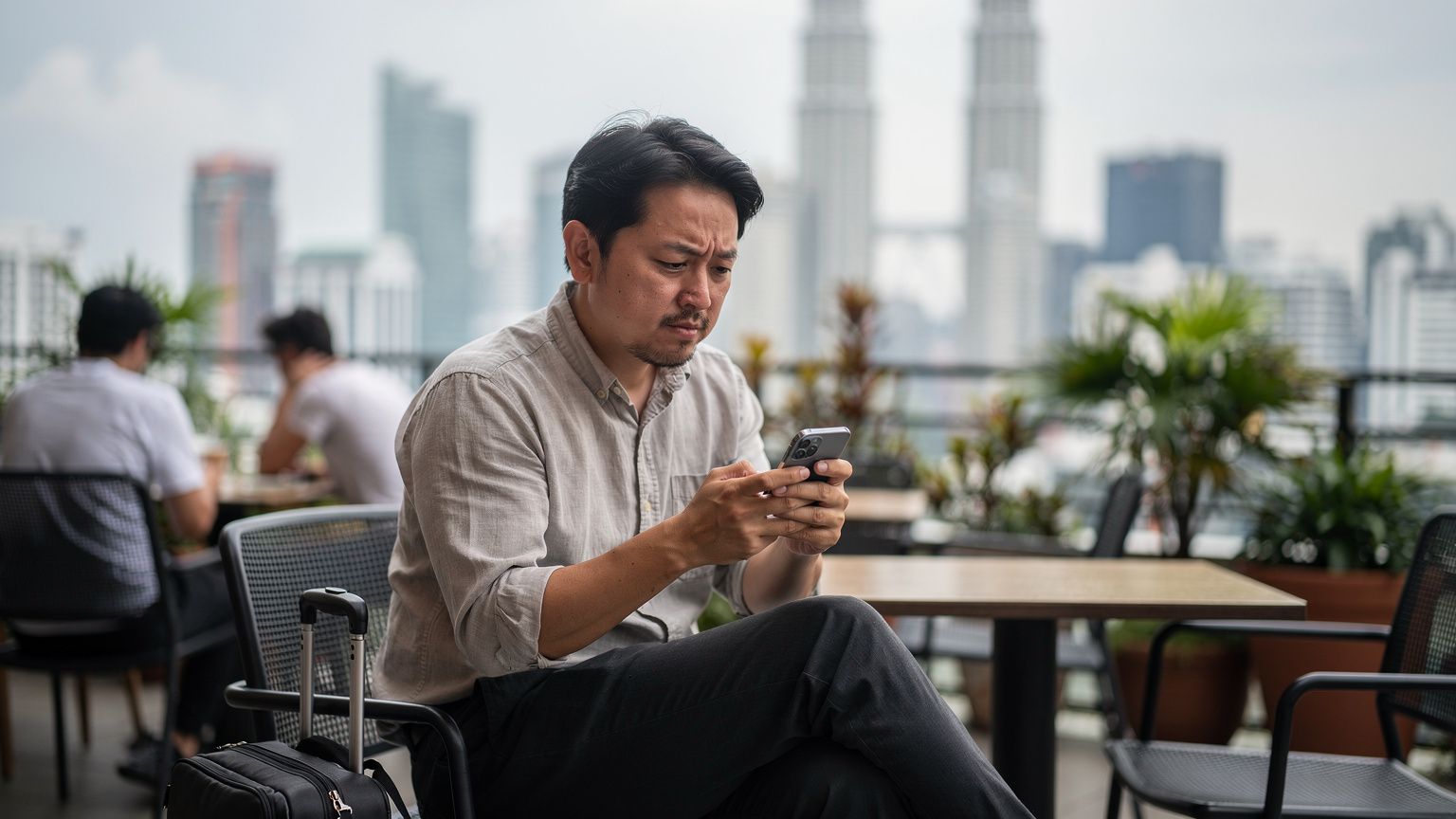 マレーシアのクアラルンプールの近代的な高層ビル群を背景に、カフェのテラス席でスマートフォンを片手にフライト情報に困惑した表情を浮かべる日本人男性。隣には冷たいドリンクが置かれている。