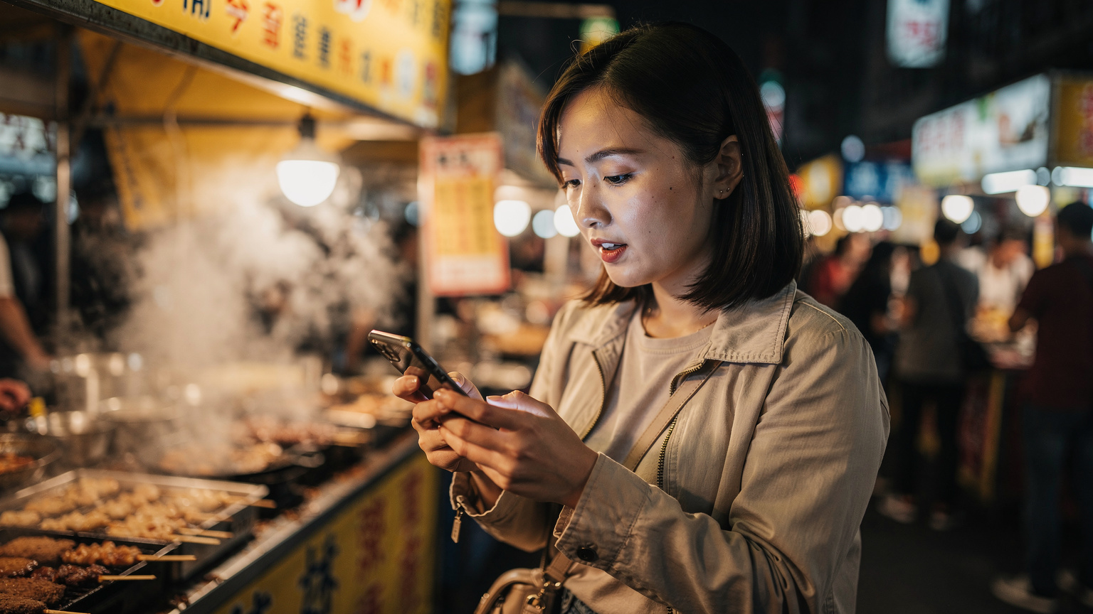 台北の寧夏夜市で、美味しそうな屋台料理の湯気が立ち上る中、スマートフォンを片手にメニューを熱心に調べている日本人旅行者の女性。背景には賑やかな夜市の雰囲気が広がる。