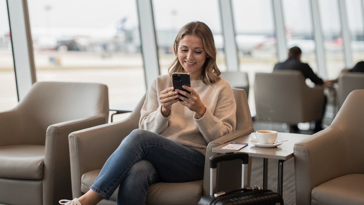 Een jonge vrouw, gekleed in comfortabele reiskleding, zit ontspannen in een moderne, lichte luchthavenlounge. Ze heeft een glimlach op haar gezicht terwijl ze haar smartphone vasthoudt en een eSIM activeert, met een boardingpass en een kop koffie op de tafel naast haar.