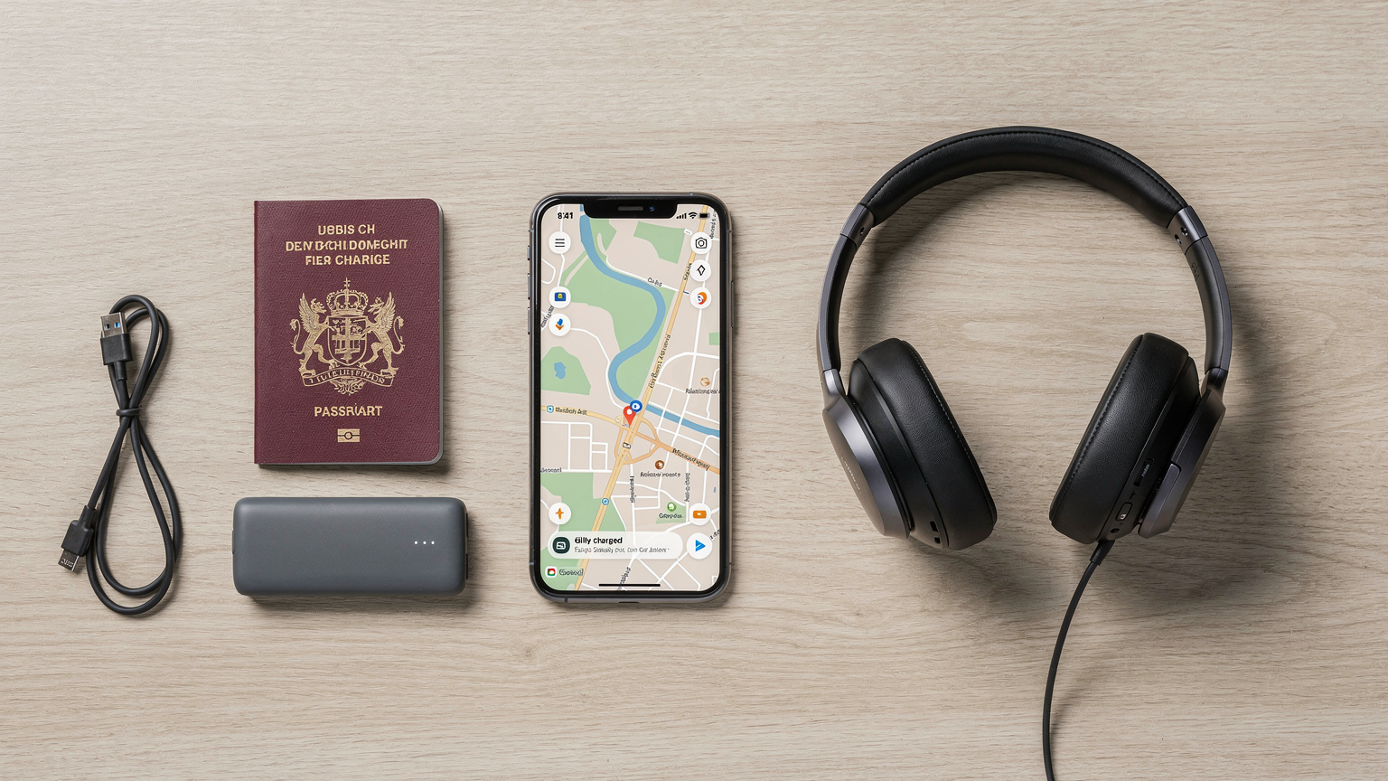 Een geordende flat-lay van essentiële reisbenodigdheden: een Europees paspoort, een smartphone met een geopende kaart-app, een set noise-cancelling koptelefoons, en een compacte, opgeladen powerbank, allemaal gerangschikt op een neutrale, lichte ondergrond.