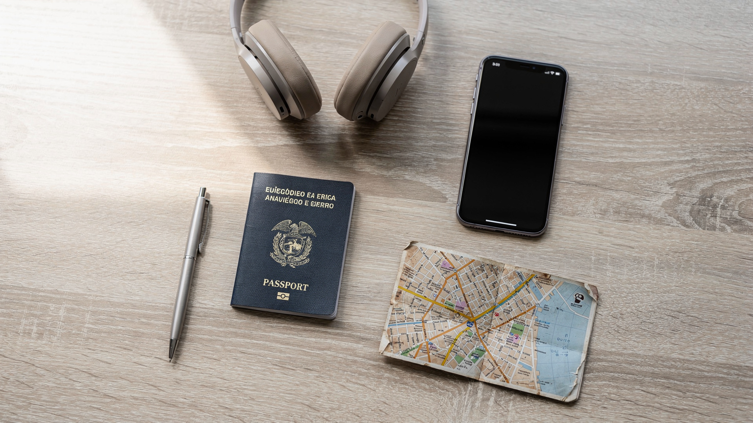 An overhead flat-lay shot of a traveler's essentials, including a passport, smartphone, headphones, and a local map of Ecuador, suggesting preparedness and organization.