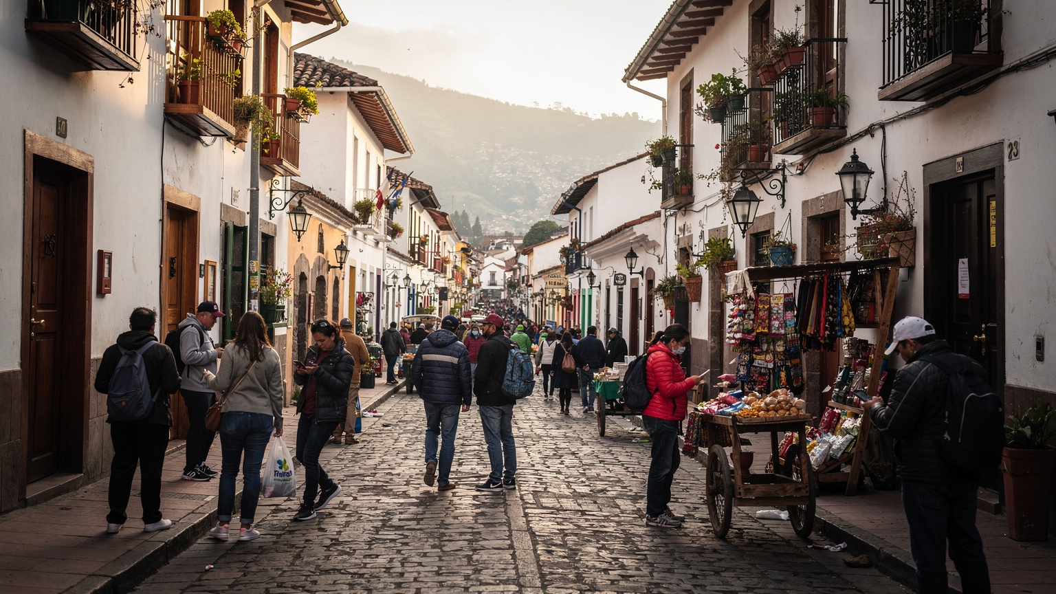 A bustling street scene in Quito, Ecuador, featuring a mix of colonial and modern architecture with people using their phones amidst daily activity.