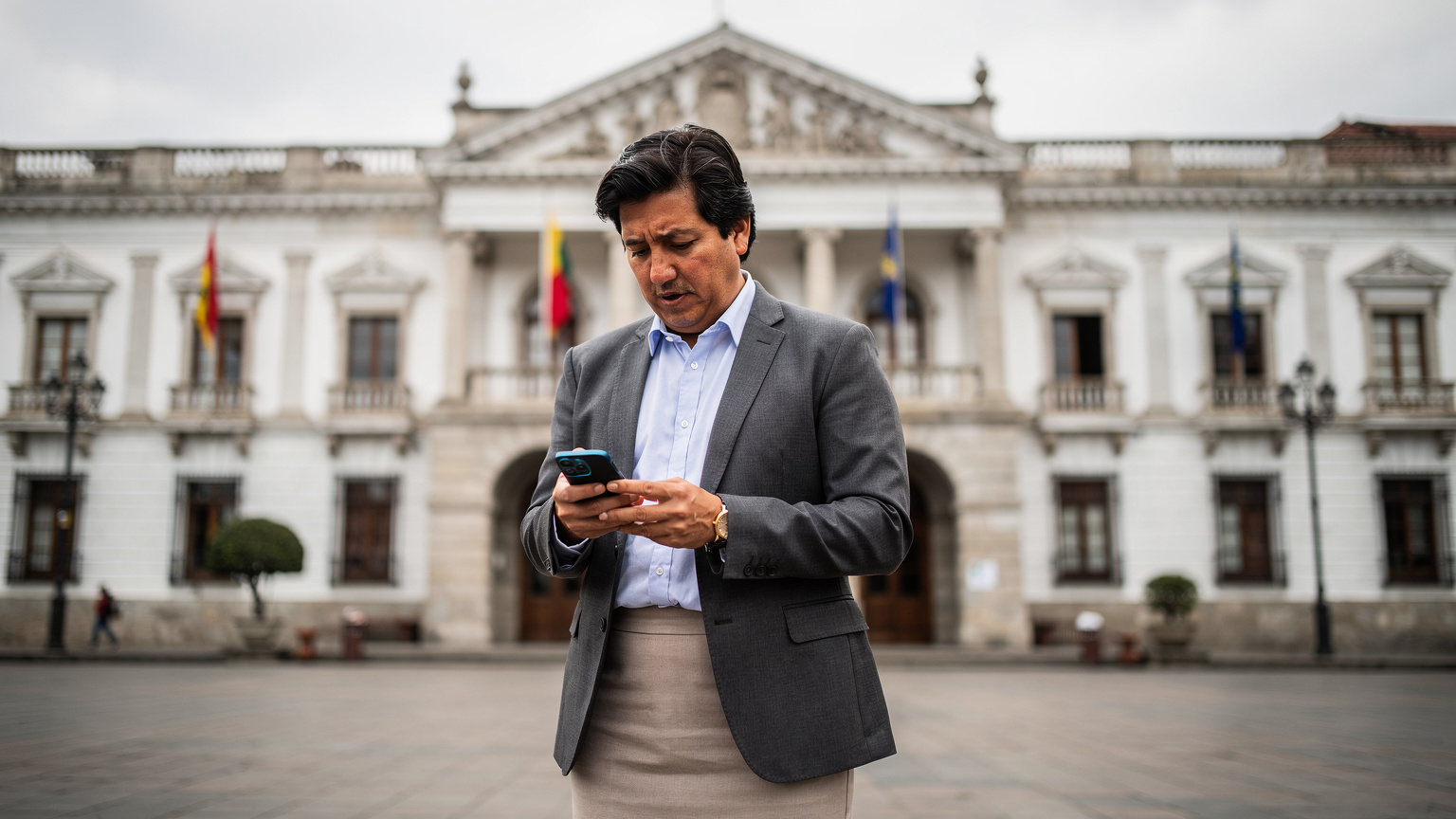 A person standing in front of a government building in Quito, Ecuador, looking at their phone with a thoughtful expression, perhaps checking appointment details or communication.