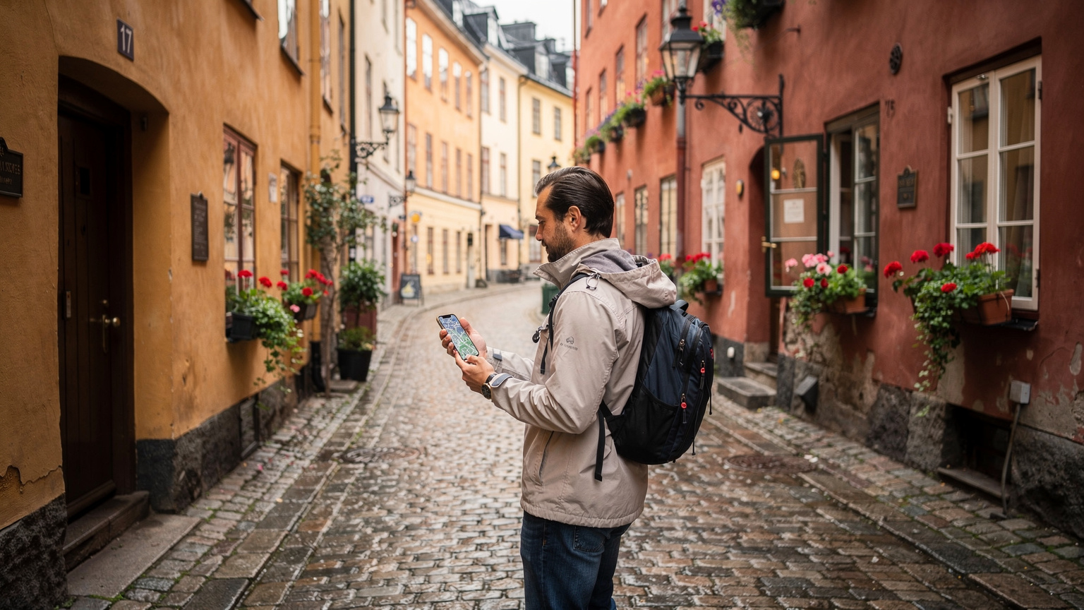 En resenär använder sin smartphone för att navigera genom en smal, historisk gränd i Gamla Stan i Stockholm, med kullersten och färgglada byggnader.
