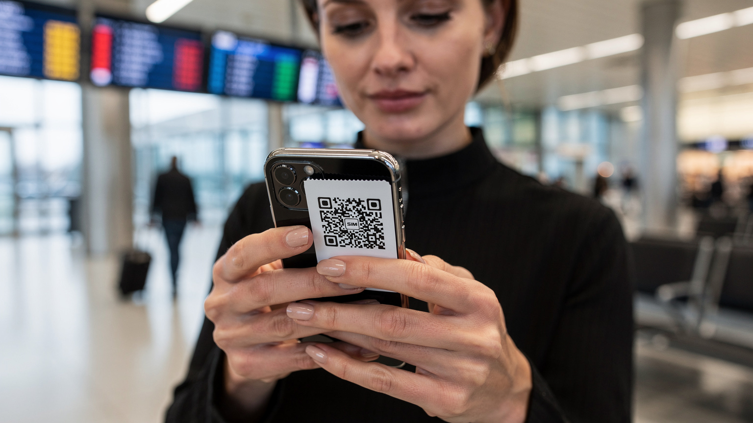 En kvinna på en livlig flygplats skannar en QR-kod på sin smartphone för att aktivera ett eSIM, med fokus på hennes händer och skärmen.
