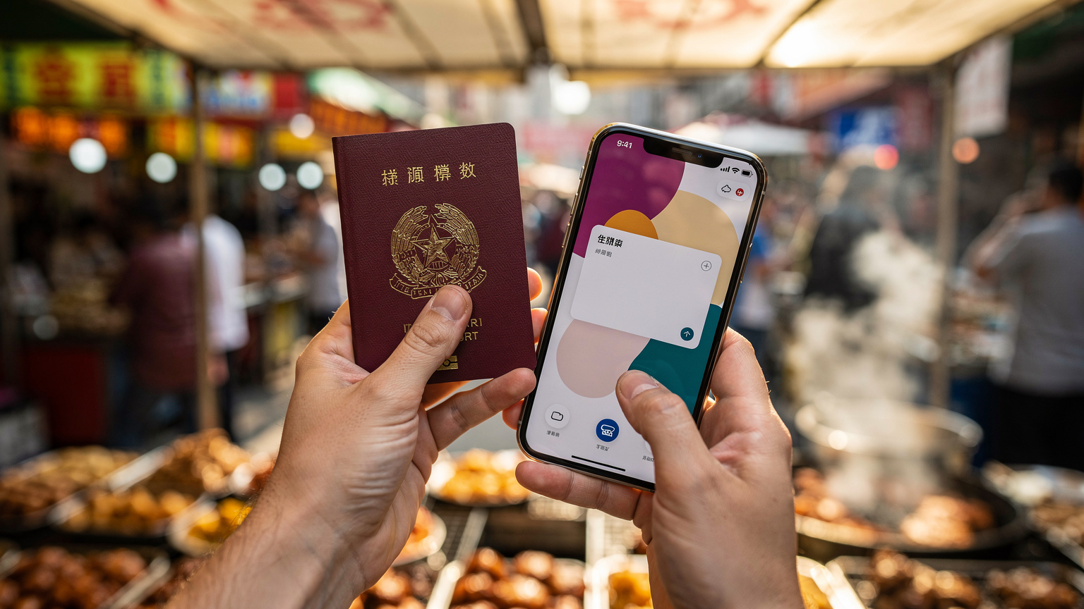 Un primo piano delle mani di un viaggiatore che tiene un passaporto italiano e uno smartphone con l'interfaccia di un'app di pagamento cinese (WeChat Pay o Alipay) in un mercato alimentare affollato di Chengdu.