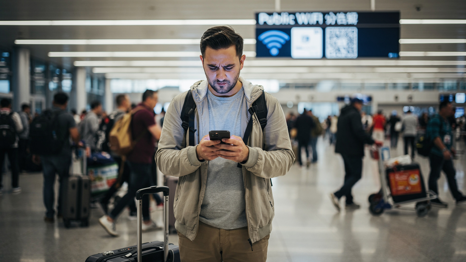 Un turista frustrato guarda il suo smartphone con un'espressione confusa davanti a un cartello di accesso WiFi pubblico illeggibile o bloccato in un aeroporto cinese affollato, simboleggiando i problemi di connettività.