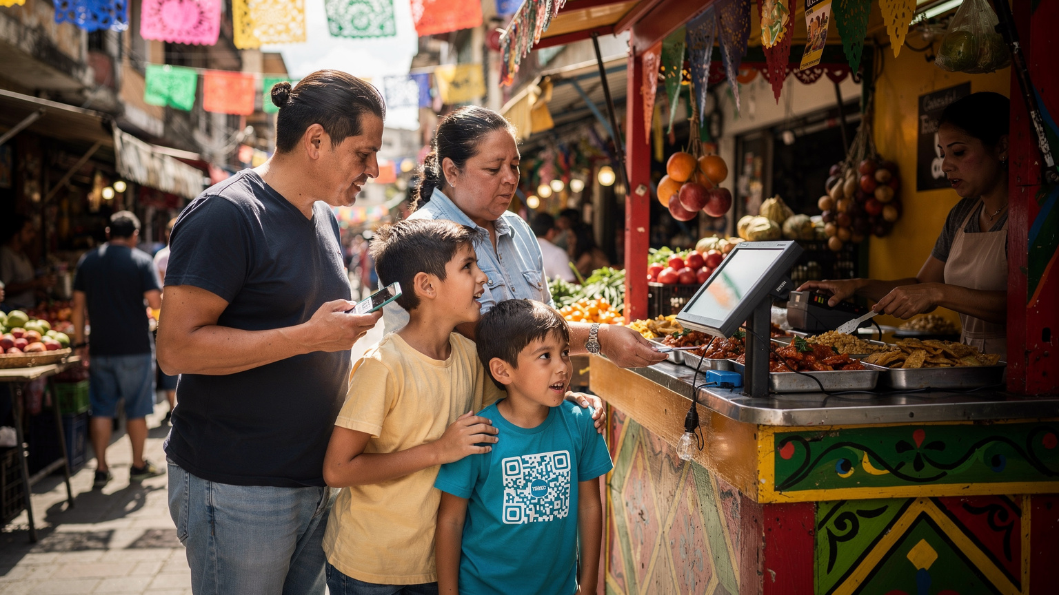 A family stands at a bustling street food stall in a vibrant Latin American market, looking at the menu on a small digital screen, while a parent uses their phone to pay via a QR code.