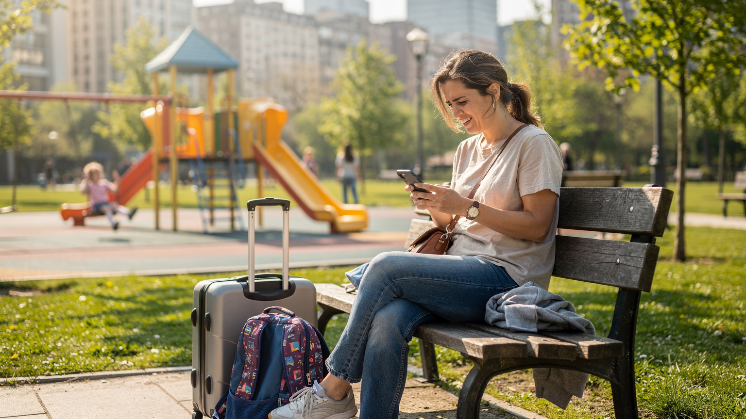 A weary parent sits on a park bench, looking at their phone with a slightly frustrated expression, while their children play nearby, oblivious to the connectivity struggles.