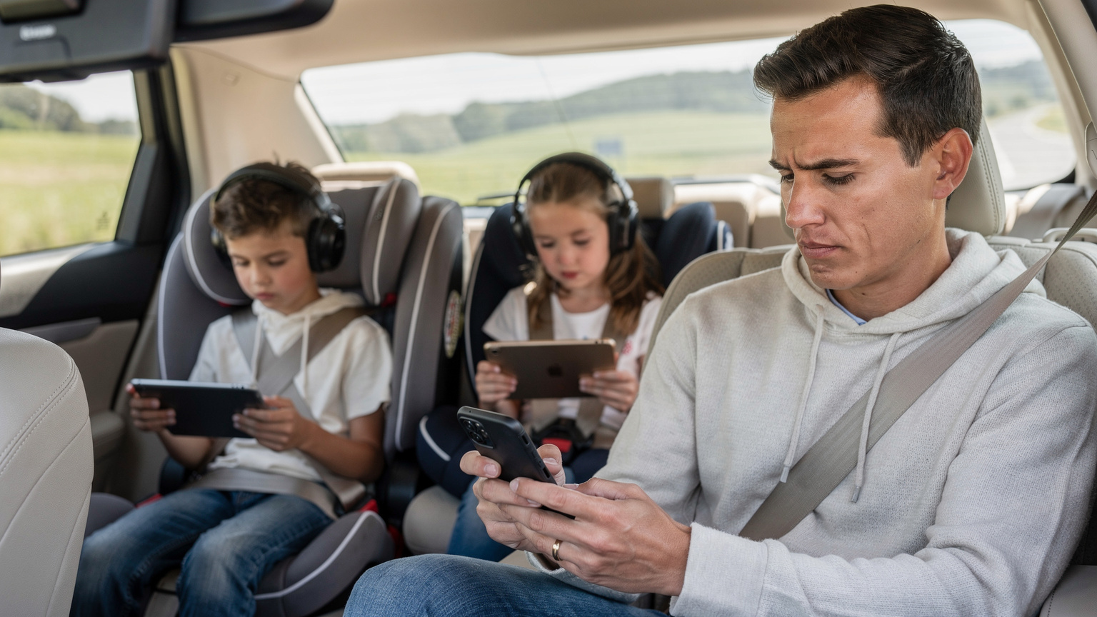 A parent checks their phone, possibly managing eSIM settings, while two children are engrossed in their tablets in the back seat of a car during a road trip.
