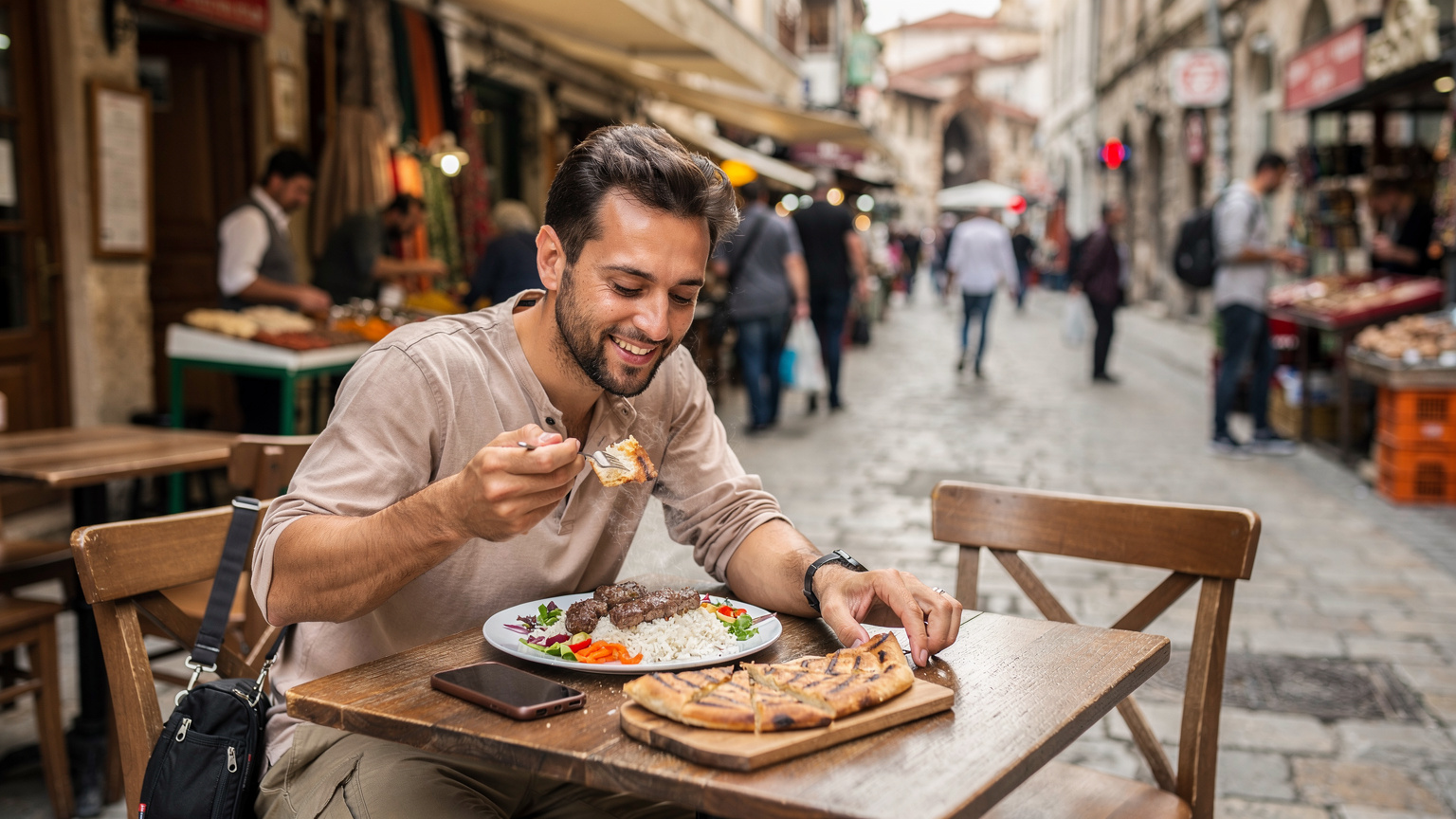 Ein Reisender sitzt entspannt in einem türkischen Restaurant, genießt ein Gericht und schaut auf seinem Smartphone, während im Hintergrund der belebte Markt mit lokalen Händlern und einer lebhaften Atmosphäre zu sehen ist.
