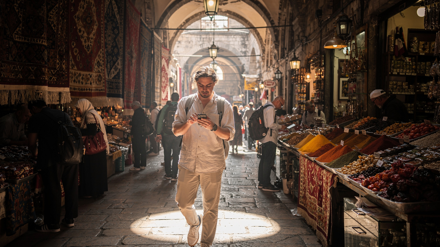 Ein Reisender navigiert mit seinem Smartphone durch die belebten Gassen eines türkischen Basars, wobei die digitale Welt auf seinem Gerät nahtlos mit der traditionellen Umgebung verschmilzt.