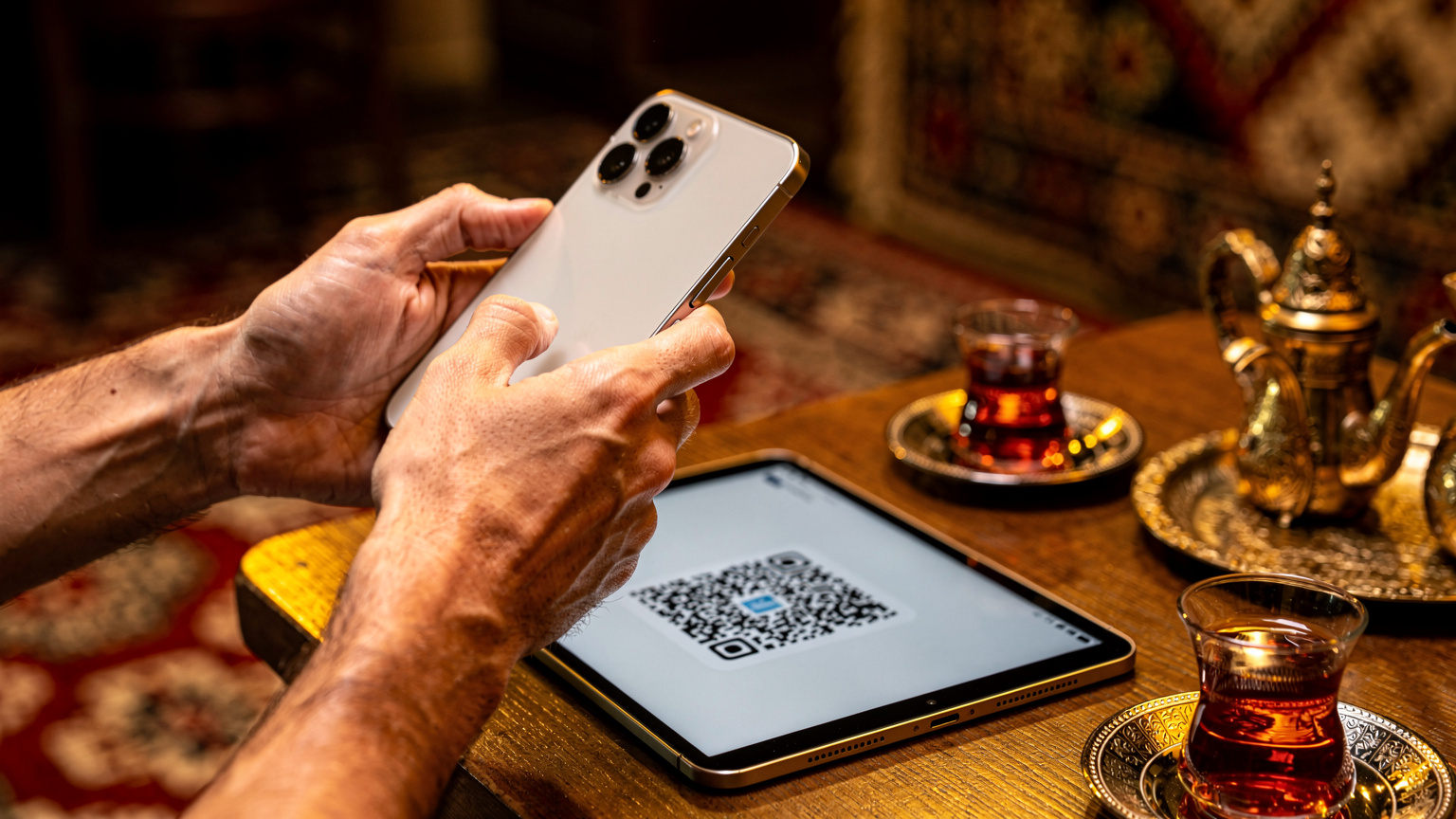Nahaufnahme eines Smartphones in den Händen eines Reisenden, der eine eSIM über einen QR-Code auf einem Tablet aktiviert, im Hintergrund eine typisch türkische Café-Atmosphäre mit gedämpftem Licht und traditionellen Mustern.