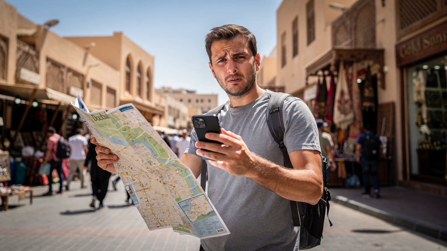 Ένας ταξιδιώτης με ένα smartphone κοιτάζει προβληματισμένος το χάρτη του Ντουμπάι, ενώ ταυτόχρονα προσπαθεί να βρει πληροφορίες στο κινητό του, σε μια πολυσύχναστη περιοχή.