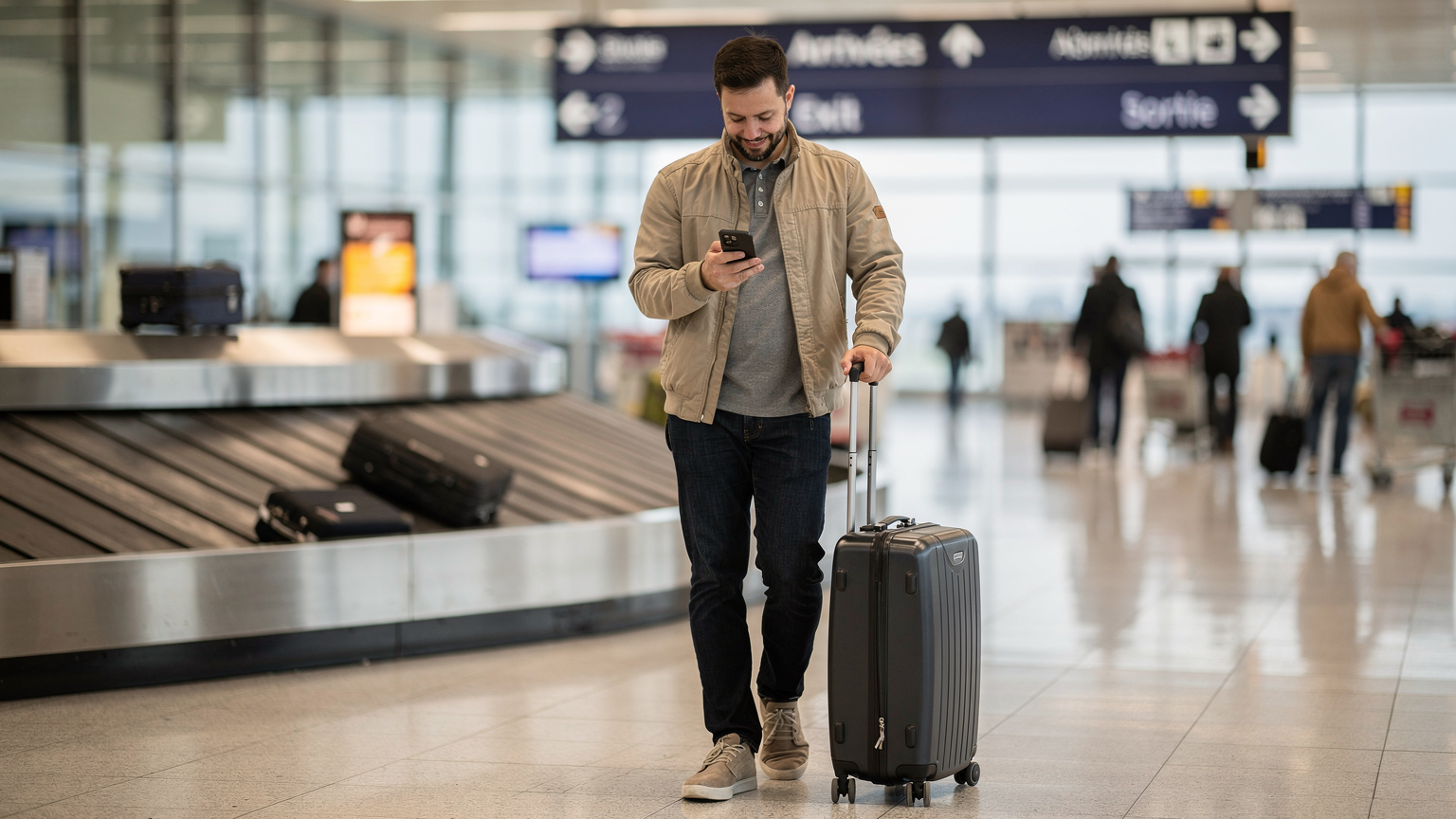 Un voyageur vérifiant les notifications sur son smartphone, affichant la confirmation d'activation d'une eSIM, dans le hall d'arrivée de l'aéroport Roissy-Charles de Gaulle.