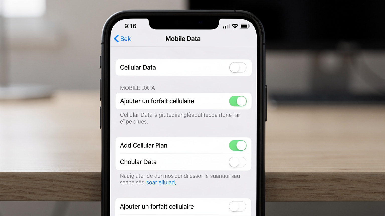 Un écran de smartphone affichant les réglages cellulaires, avec l'option "Ajouter un forfait cellulaire" clairement visible, sur un fond de bureau de travail sobre.