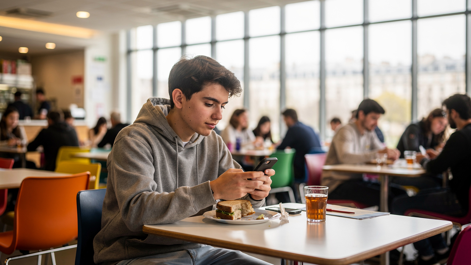 Un étudiant déjeunant dans une cafétéria universitaire animée à Paris, tout en utilisant son smartphone pour des recherches ou des communications avec des amis.