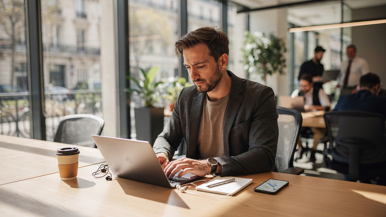 Un homme travaillant sur son ordinateur portable dans un espace de coworking moderne et lumineux à Paris, son smartphone à côté de lui, illustrant la dépendance à une connexion fiable.
