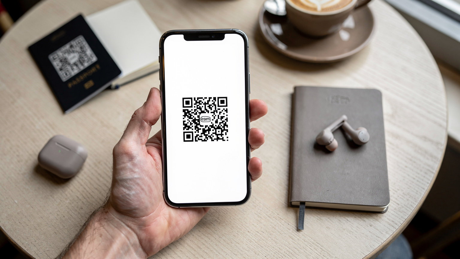 Une main tenant un smartphone affichant un QR code d'activation d'eSIM, avec un passeport et des écouteurs posés sur une table en bois clair, dans un café parisien.