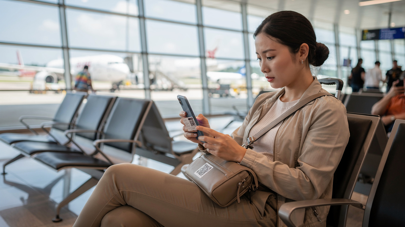 一位中国女性旅行者在泰国普吉国际机场登机口附近，利用机场免费Wi-Fi，扫描手机屏幕上的eSIM二维码，表情专注且略带期待，身边放着一个登机箱。