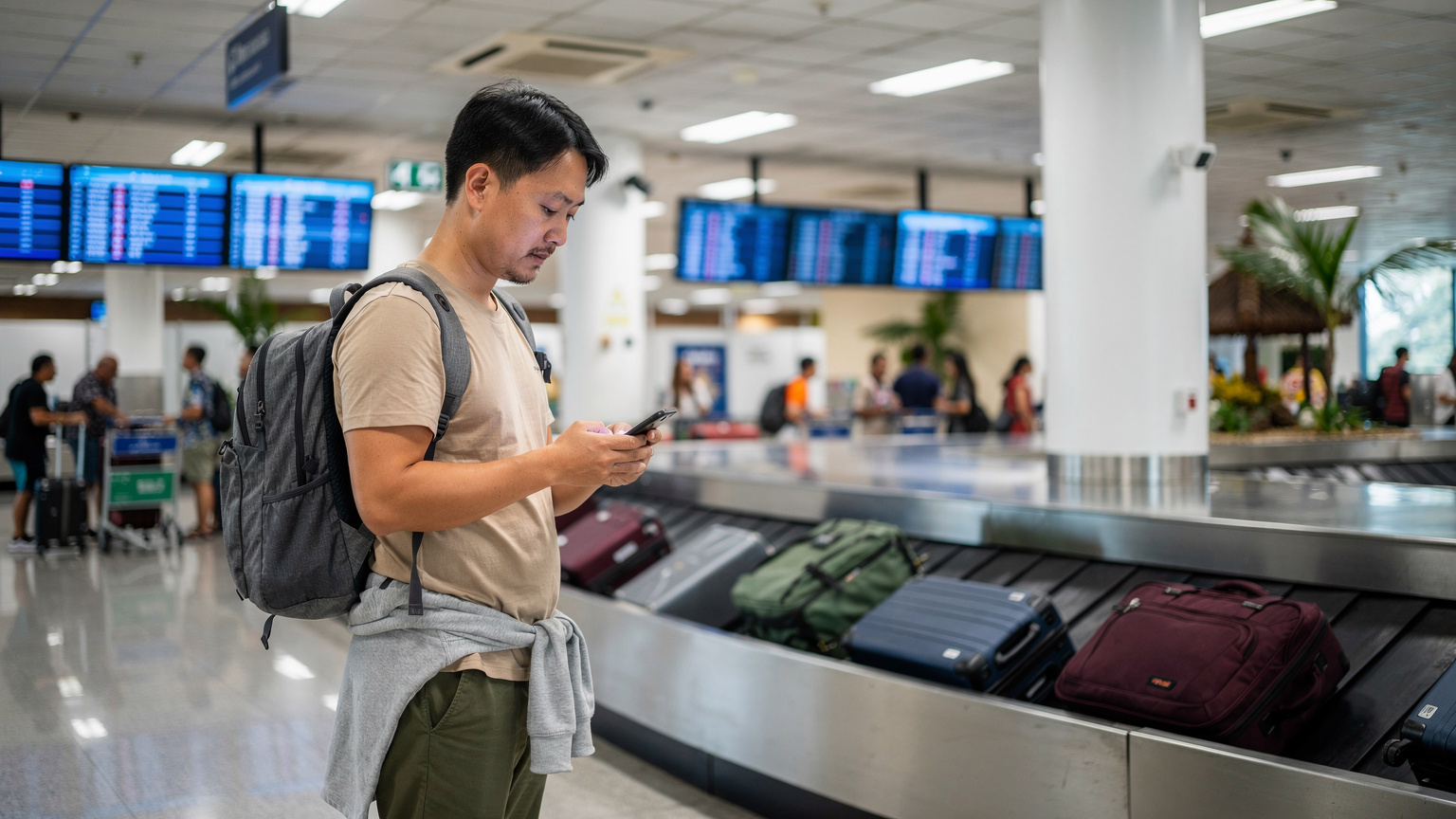一名中国男性旅行者在巴厘岛努拉莱伊国际机场的行李提取处，一边等待行李，一边用手机快速设置eSIM，准备打车前往乌布的酒店，背景是忙碌的机场场景。