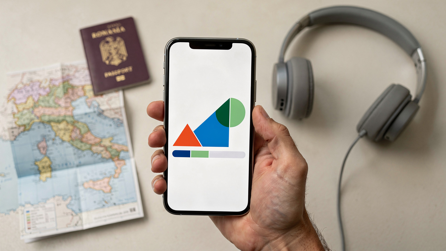 O persoană ține un smartphone în mână, iar pe ecran se vede o diagramă de utilizare a datelor mobile, cu o bară de progres care indică consumul. Pe fundal estompat, se zăresc elemente specifice călătoriilor, cum ar fi un pașaport și o hartă pliată.