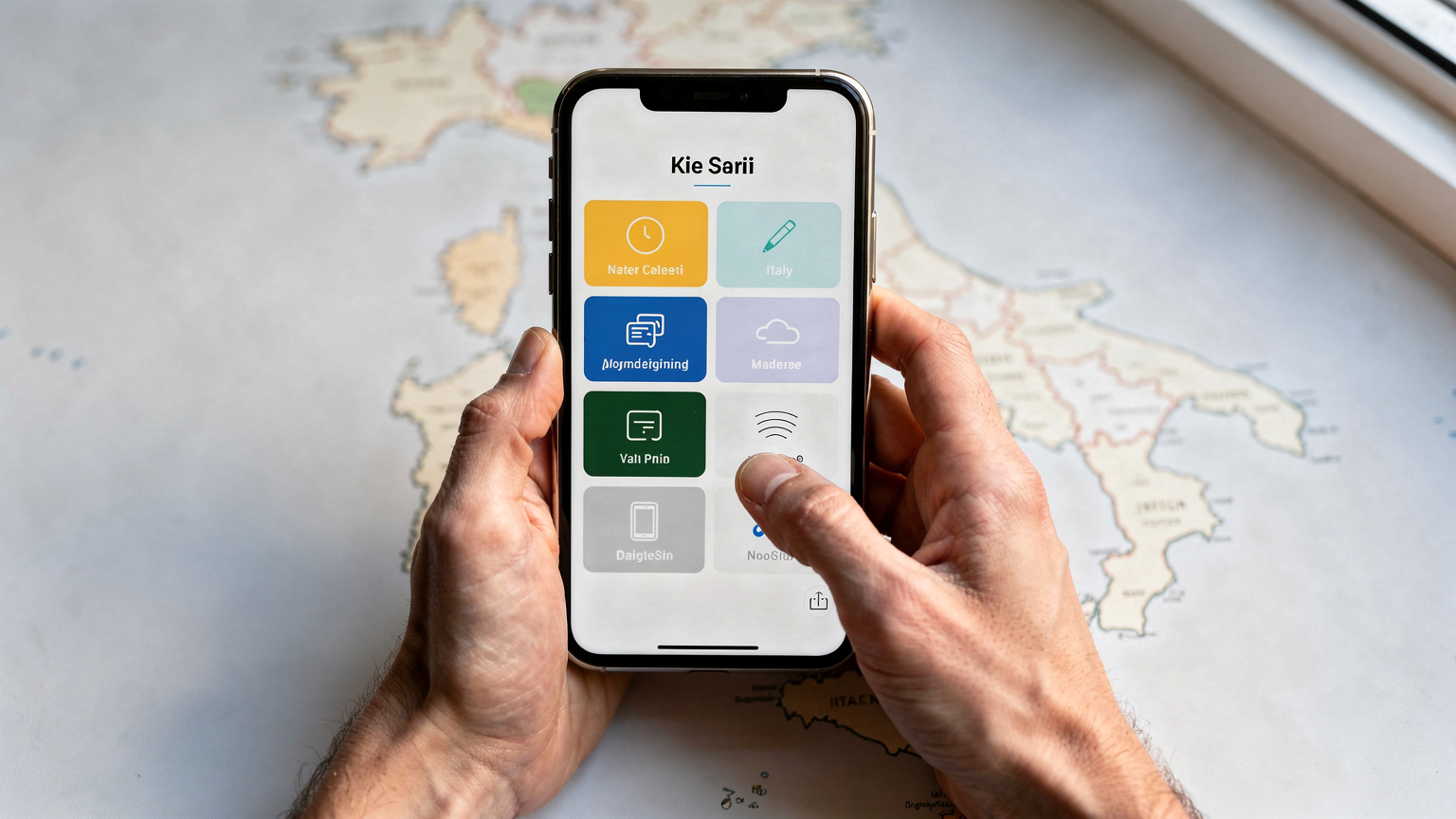 Un călător folosește o aplicație de pe smartphone pentru a compara planurile de eSIM, cu o hartă stilizată a Italiei în fundal estompat, simbolizând alegerea conectivității.