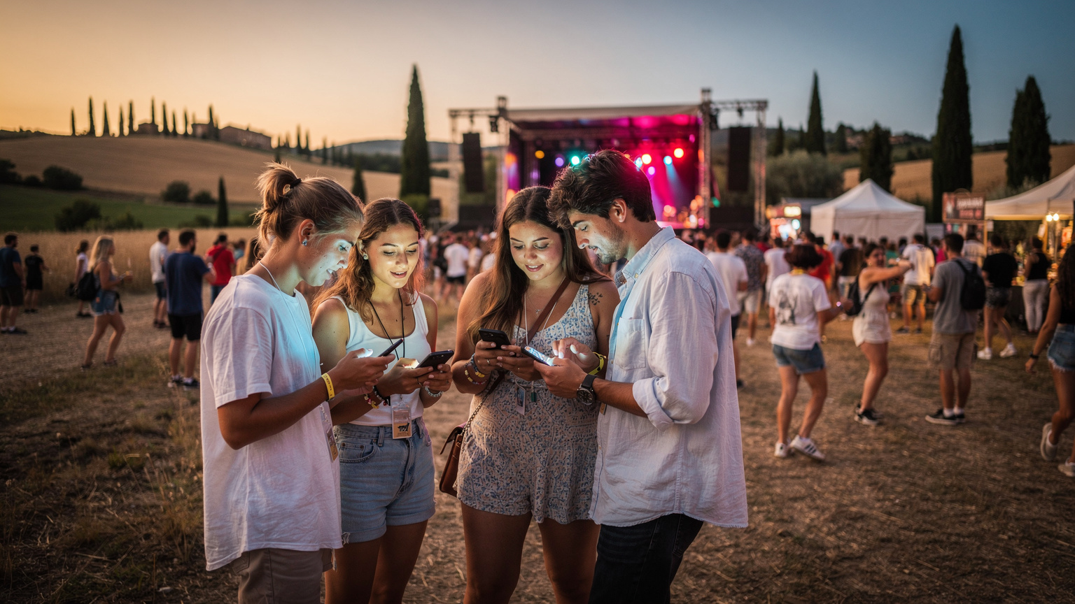 Un grup de tineri călători, cu telefoanele în mână, verifică un program digital al unui festival de muzică în aer liber, cu o scenă iluminată în fundal și o mulțime de oameni bucurându-se de eveniment, într-o seară caldă de vară în Toscana.