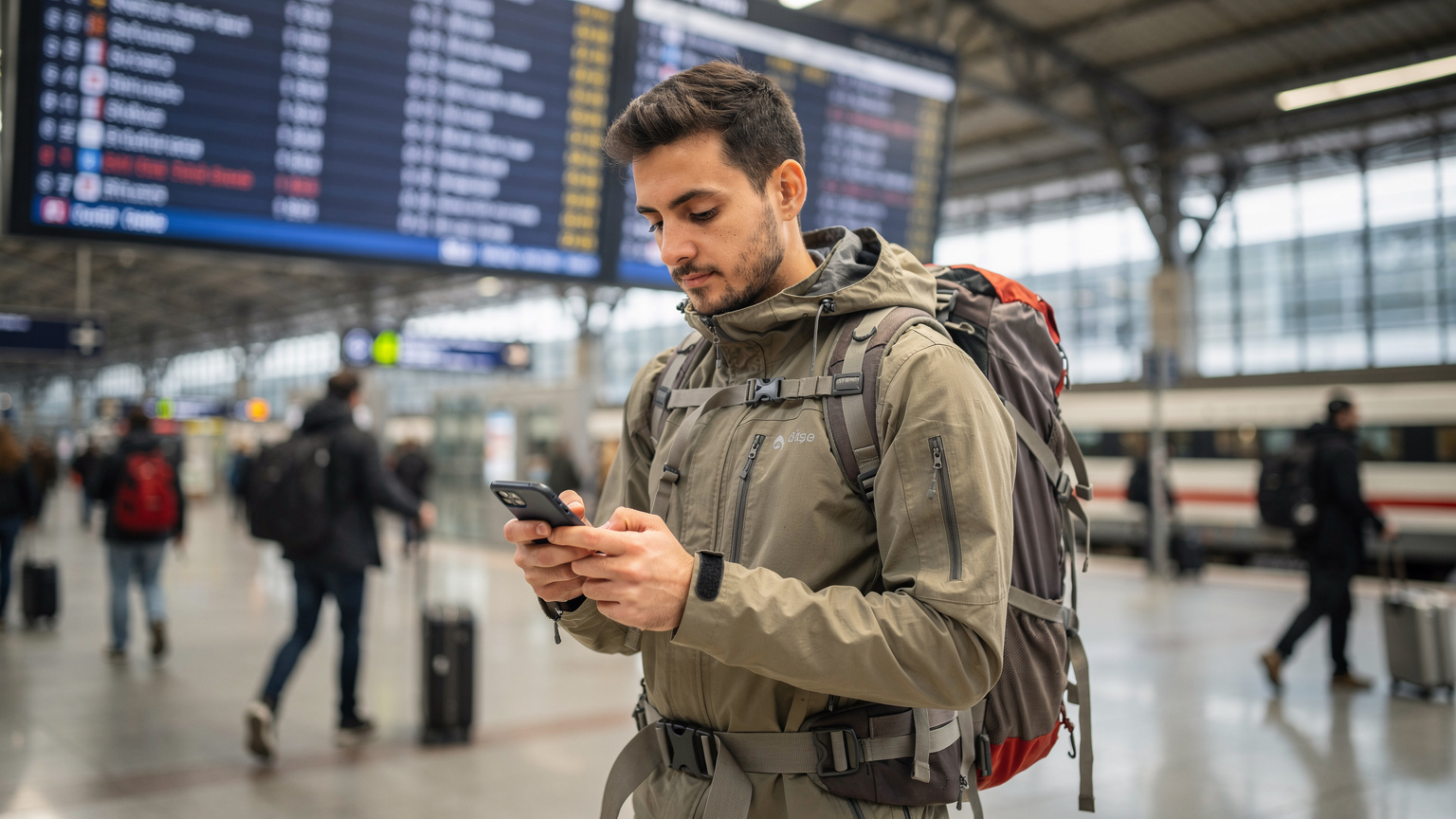 Un tânăr rucsacar verifică conexiunea eSIM pe telefonul său, în timp ce așteaptă trenul într-o gară modernă, aglomerată din Italia, posibil Roma Termini, cu tabloul de plecări în fundal.