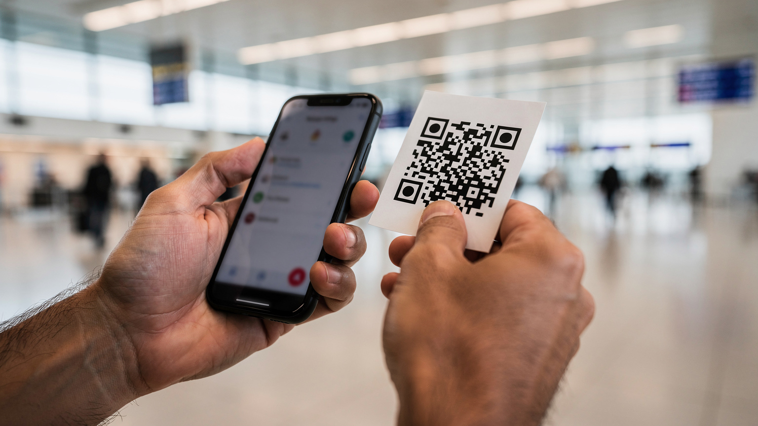 Zblízka na ruce cestovatele, který drží chytrý telefon a skenuje QR kód pro aktivaci eSIM, s rozmazaným pozadím letištní haly.