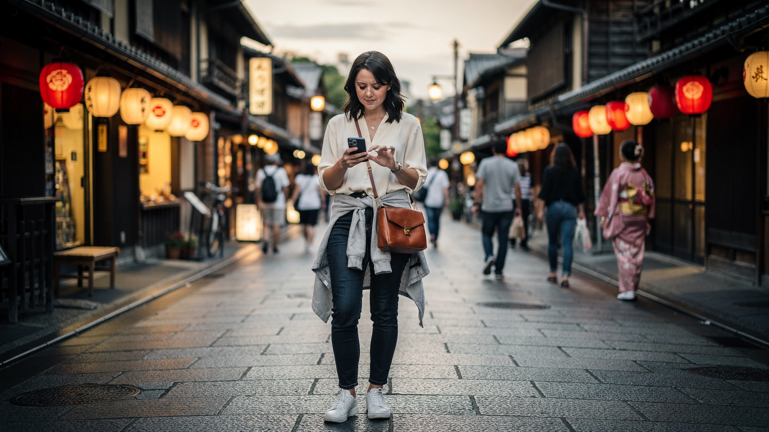 Cestovatelka zkoumá mapu na svém telefonu v rušné čtvrti Kyota, s tradiční japonskou architekturou v pozadí.