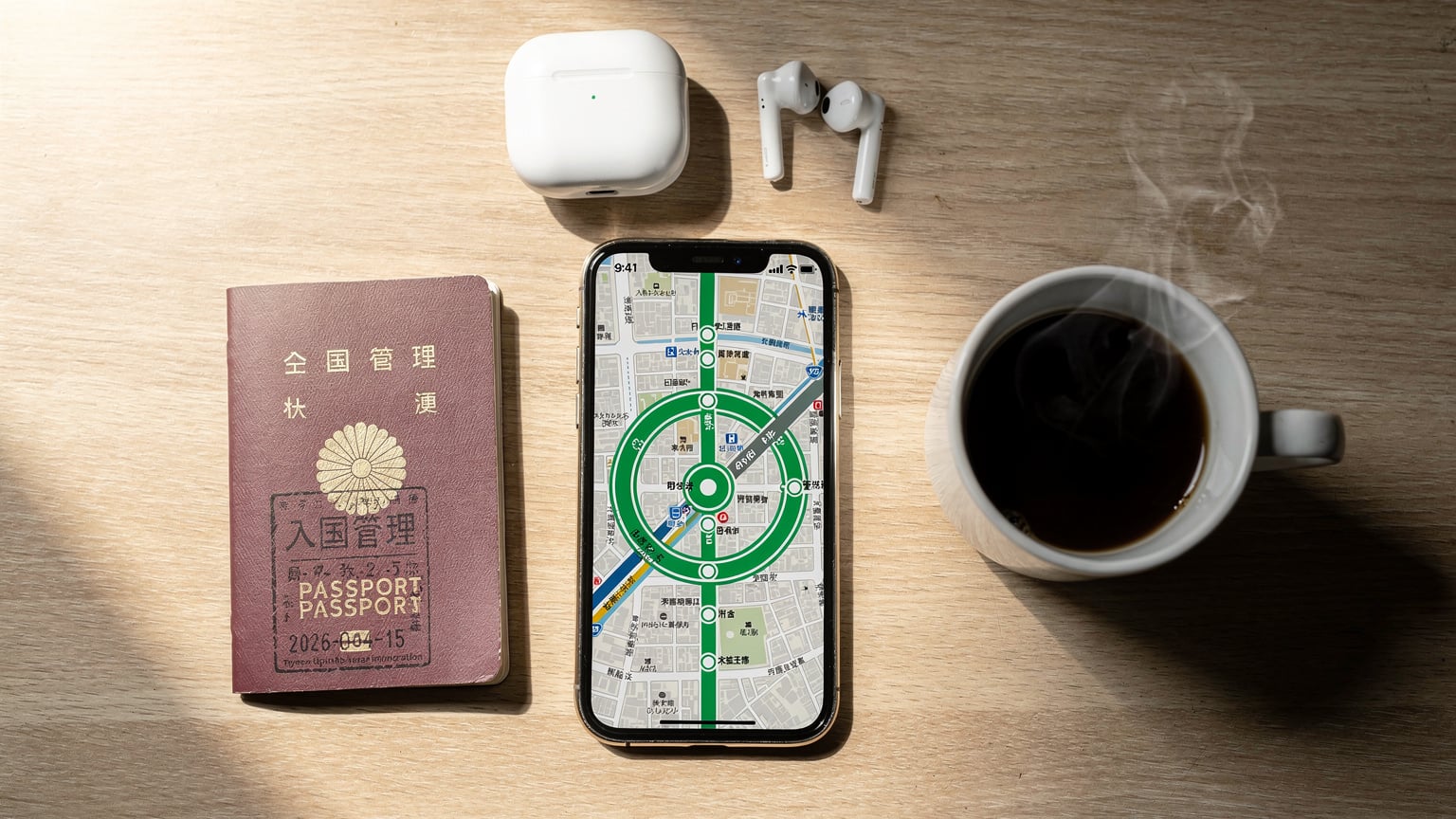 Detailní záběr na mobilní telefon zobrazující mapu Tokia s trasou Yamanote Line, ležící na stole vedle hrnku kávy a pasu s japonským razítkem.